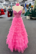 Vestido largo de fiesta rosa fucsia con tirantes finos y capas de cuentas PSK578