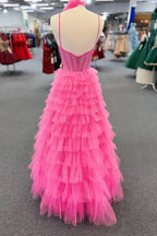 Vestido largo de fiesta rosa fucsia con tirantes finos y capas de cuentas PSK578
