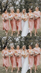 Champagne Bridesmaid Dress Spaghetti Straps Tea Length VMB28