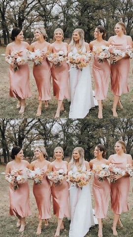 Vestido de dama de honor color champán con tirantes finos y largo hasta la rodilla VMB28