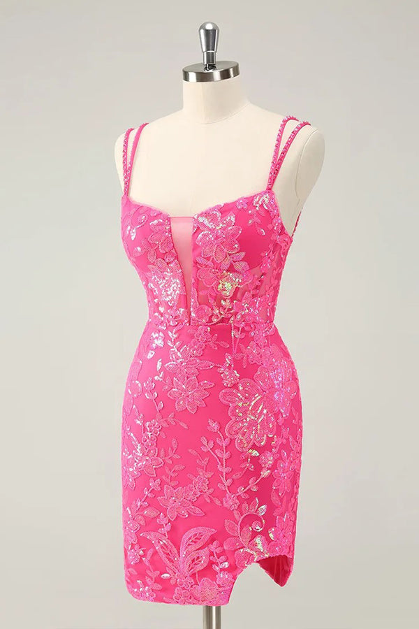 Vestido corto de fiesta naranja ajustado con tirantes finos PD525