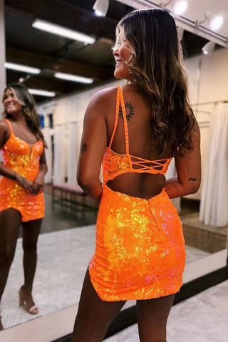 Vestido corto de fiesta naranja ajustado con tirantes finos PD525