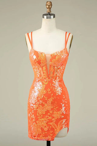 Vestido corto de fiesta naranja ajustado con tirantes finos PD525