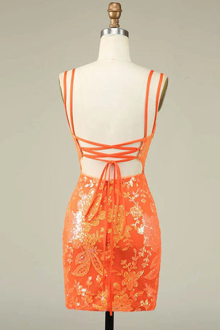 Vestido corto de fiesta naranja ajustado con tirantes finos PD525
