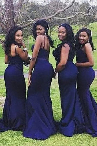 Vestido de dama de honor azul marino con tirantes finos y corte sirena VMB59 