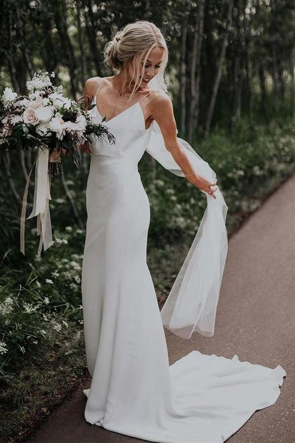Robe de mariée sirène dos nu à bretelles spaghetti et col en V pour la plage WD381