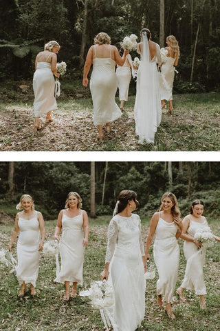 Vestido de dama de honor de largo té, corte tubo, escote drapeado y tirantes finos BD138