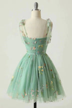 Vestidos cortos de fiesta de bienvenida sin mangas, corte en A, de tul y estampado floral con tirantes finos PD485