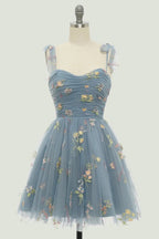 Vestidos cortos de fiesta de bienvenida sin mangas, corte en A, de tul y estampado floral con tirantes finos PD485