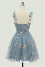 Vestidos cortos de fiesta de bienvenida sin mangas, corte en A, de tul y estampado floral con tirantes finos PD485
