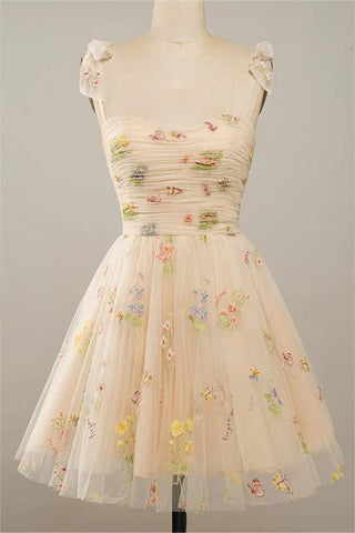 Vestidos cortos de fiesta de bienvenida sin mangas, corte en A, de tul y estampado floral con tirantes finos PD485