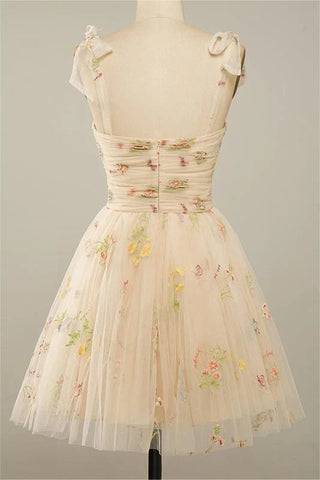 Vestidos cortos de fiesta de bienvenida sin mangas, corte en A, de tul y estampado floral con tirantes finos PD485