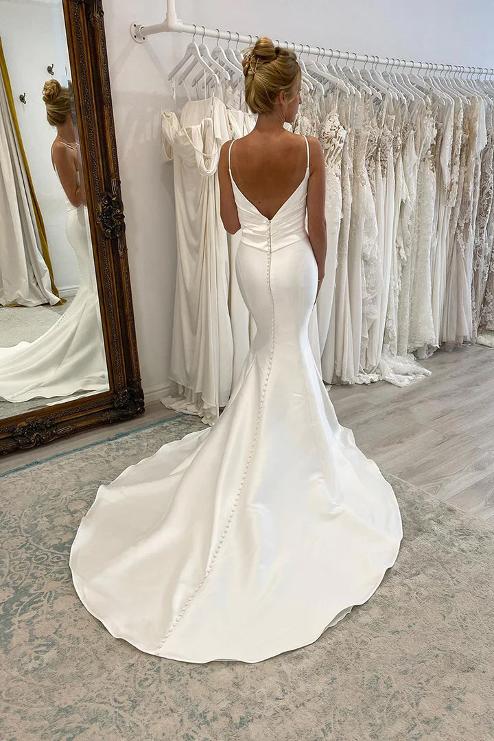 Vestido de novia de satén, corte sirena, sencillo, con tirantes finos, escote en V y pliegues (WD650)