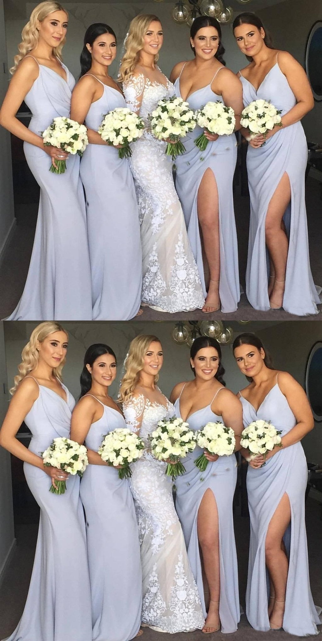 Baoleely V Neck Sleeveless Long Sky Blue Bridesmaid Dresses Spaghetti Straps
