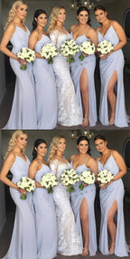 Baoleely V Neck Sleeveless Long Sky Blue Bridesmaid Dresses Spaghetti Straps