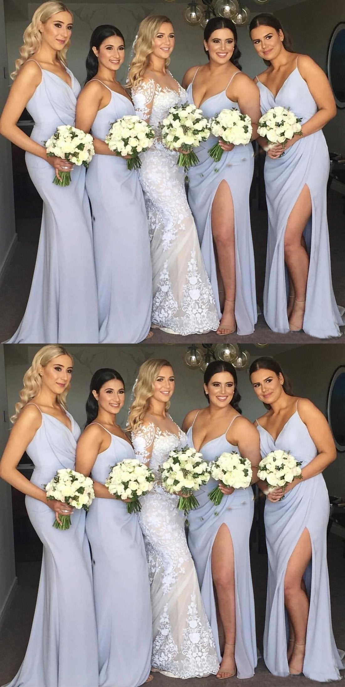 Baoleely V Neck Sleeveless Long Sky Blue Bridesmaid Dresses Spaghetti Straps