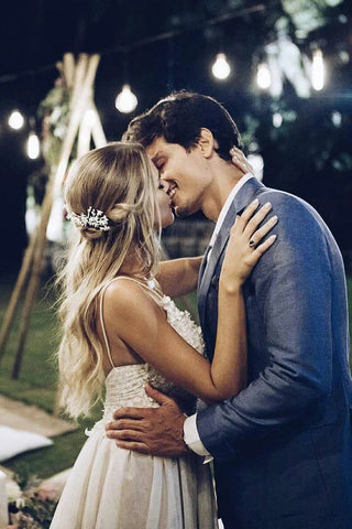 Vestidos de novia de playa con tirantes finos y escote en V, vestidos de novia sin espalda WD285