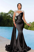 Robe de bal longue noire sirène en satin à col montant et manches