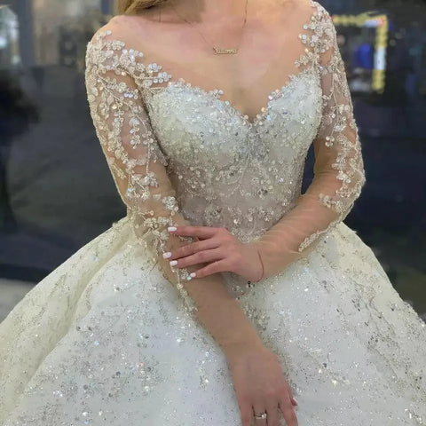 Sparkly Beading Wedding Dress Long Sleeves 2023 Vestido De Noiva Lace Up Pageant Beading Bridal Gowns Custom Made Hochzeitskleid