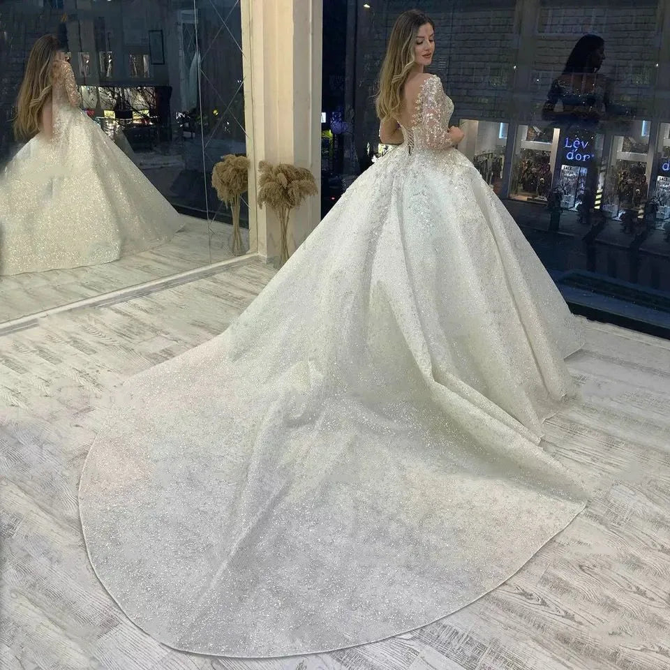 Vestido de novia con lentejuelas y pedrería, manga larga, colección 2023. Vestido de novia con cordones, estilo concurso de belleza. Vestido de novia con lentejuelas, hecho a medida.
