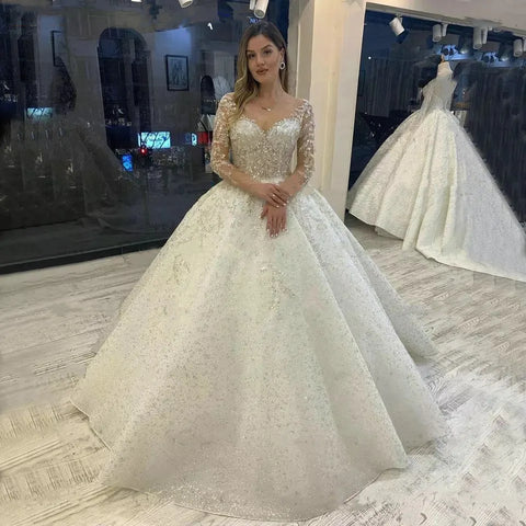 Sparkly Beading Wedding Dress Long Sleeves 2023 Vestido De Noiva Lace Up Pageant Beading Bridal Gowns Custom Made Hochzeitskleid