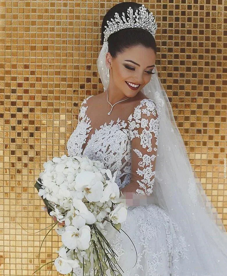 Sparkly Lace Wedding Dress Mermaid Illusion Bodice vestido de noiva Long Sleeve Sheer Neck Appliques Bridal Gowns 2022 Spring
