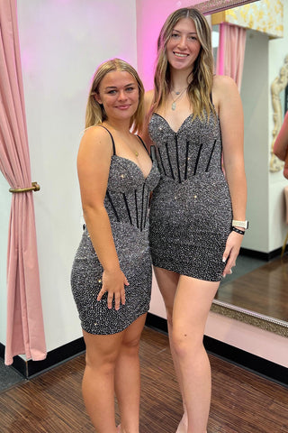 Sparkly Spaghetti Straps Navy Bodycon Corset Homecoming Dress with Beading