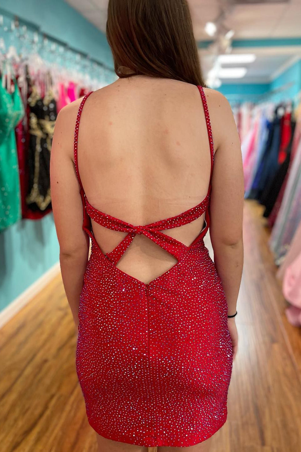 Bodycon Spagehetti Straps Beaded Homecoming Dress