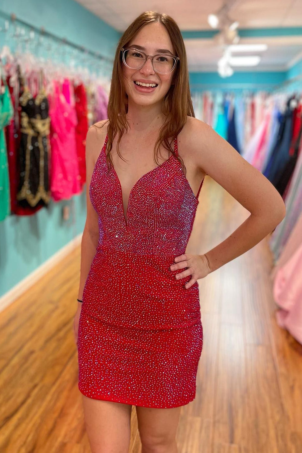 Bodycon Spagehetti Straps Beaded Homecoming Dress