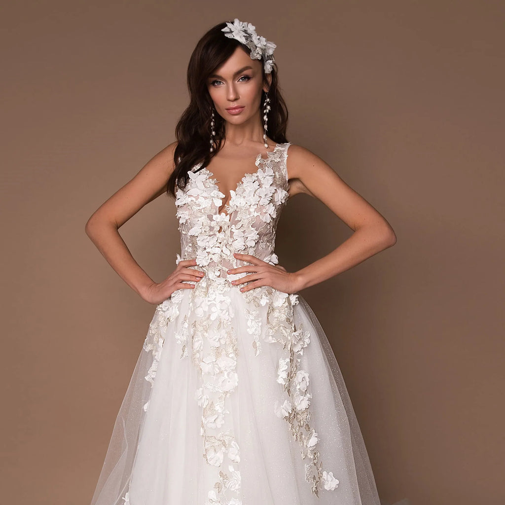 Vestidos de novia con escote en V brillantes 2023, estilo boho, apliques 3D, tul, vestidos de novia, vestidos de novia de princesa bohemia