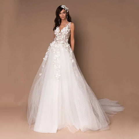 Sparkly V-Neck Wedding Dresses 2023 Boho 3D Appliques Tulle Bridal Gowns Vestidos De Novia Bohemian Princess Brides Dresses