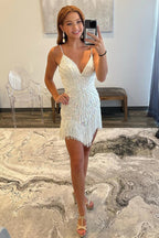 Vestido corto de fiesta con lentejuelas azul pavo real, tirantes finos y borla, estilo tubo brillante.