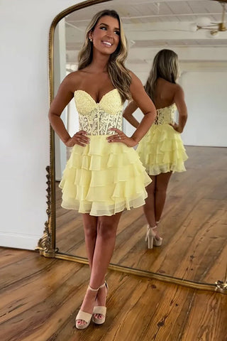 Vestido de fiesta lila brillante de corte en A sin tirantes con apliques escalonados PD553