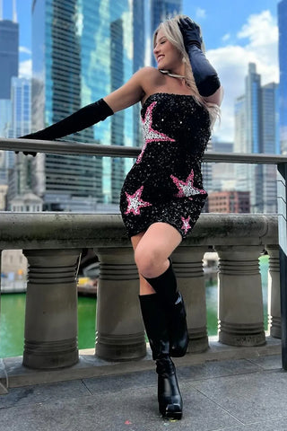 Vestido corto de lentejuelas negras brillantes sin tirantes para fiesta de bienvenida