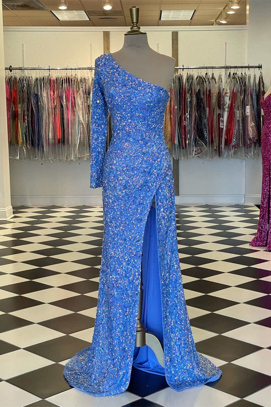 Sparkly Blue Sequind Long Sleeve Prom Dress SYP101