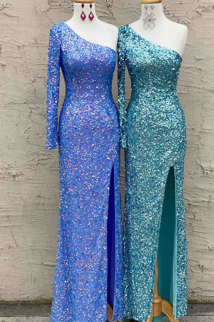 Sparkly Blue Sequind Long Sleeve Prom Dress SYP101