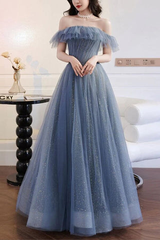 Robe de bal en tulle gris pailleté bleu, coupe trapèze, épaules dénudées, robe de soirée