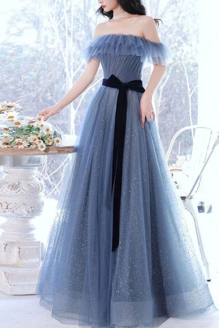 Robe de bal en tulle gris pailleté bleu, coupe trapèze, épaules dénudées, robe de soirée