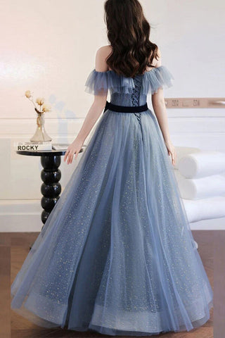 Robe de bal en tulle gris pailleté bleu, coupe trapèze, épaules dénudées, robe de soirée