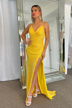 Robe de bal longue sirène jaune pailletée à lacets et fente PSK464