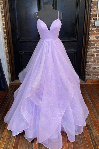 Robe de bal princesse en tulle lavande scintillant à volants, coupe trapèze, robe de soirée