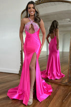 Vestido largo de fiesta plateado brillante estilo sirena con pedrería
