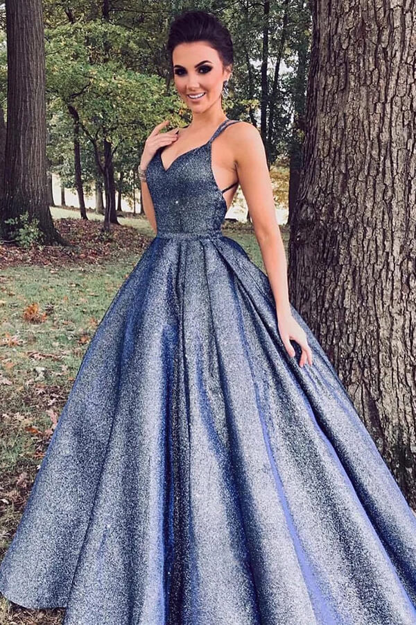 Vestidos de gala largos de color azul marino brillante con escote en V, vestidos de fiesta formales