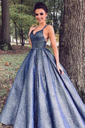 Vestidos de gala largos de color azul marino brillante con escote en V, vestidos de fiesta formales