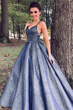 Vestidos de gala largos de color azul marino brillante con escote en V, vestidos de fiesta formales