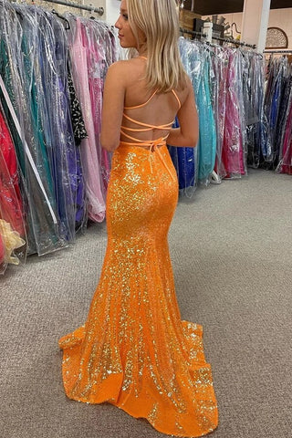 Robe de bal sirène à sequins orange scintillants et col en V, robe de soirée longue