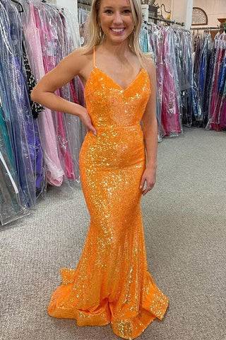 Robe de bal sirène à sequins orange scintillants et col en V, robe de soirée longue