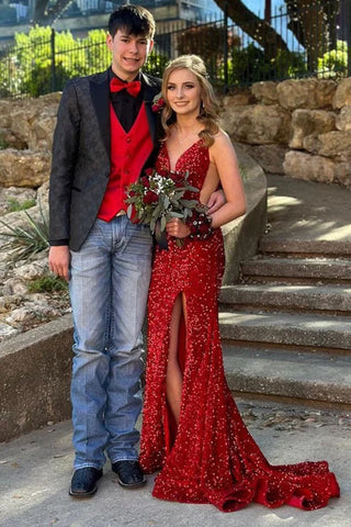 Robe de bal longue sirène à sequins rouges scintillants, décolleté en V et fente haute