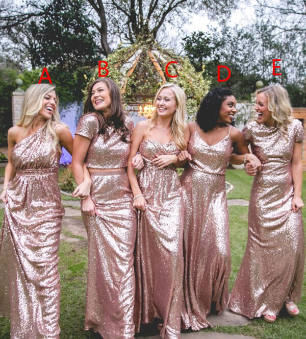 Vestidos de dama de honor largos hasta el suelo con lentejuelas desiguales en oro rosa brillante 