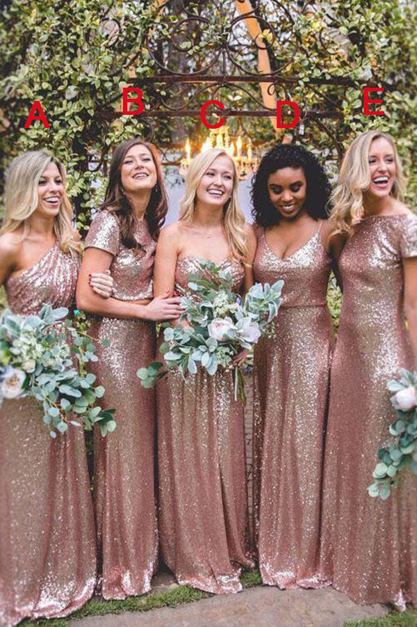 Vestidos de dama de honor largos hasta el suelo con lentejuelas desiguales en oro rosa brillante 